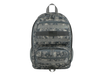 Camouflage backpack with American flag patch on a white background