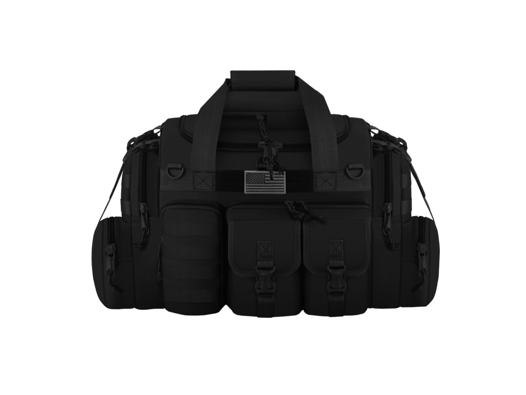Black tactical bag with multiple pockets and straps on a white background