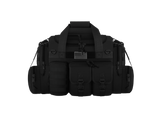 Black tactical bag with multiple pockets and straps on a white background
