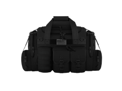 Black tactical bag with multiple pockets and straps on a white background