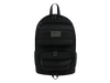 Black backpack with multiple pockets and a flag patch on a white background