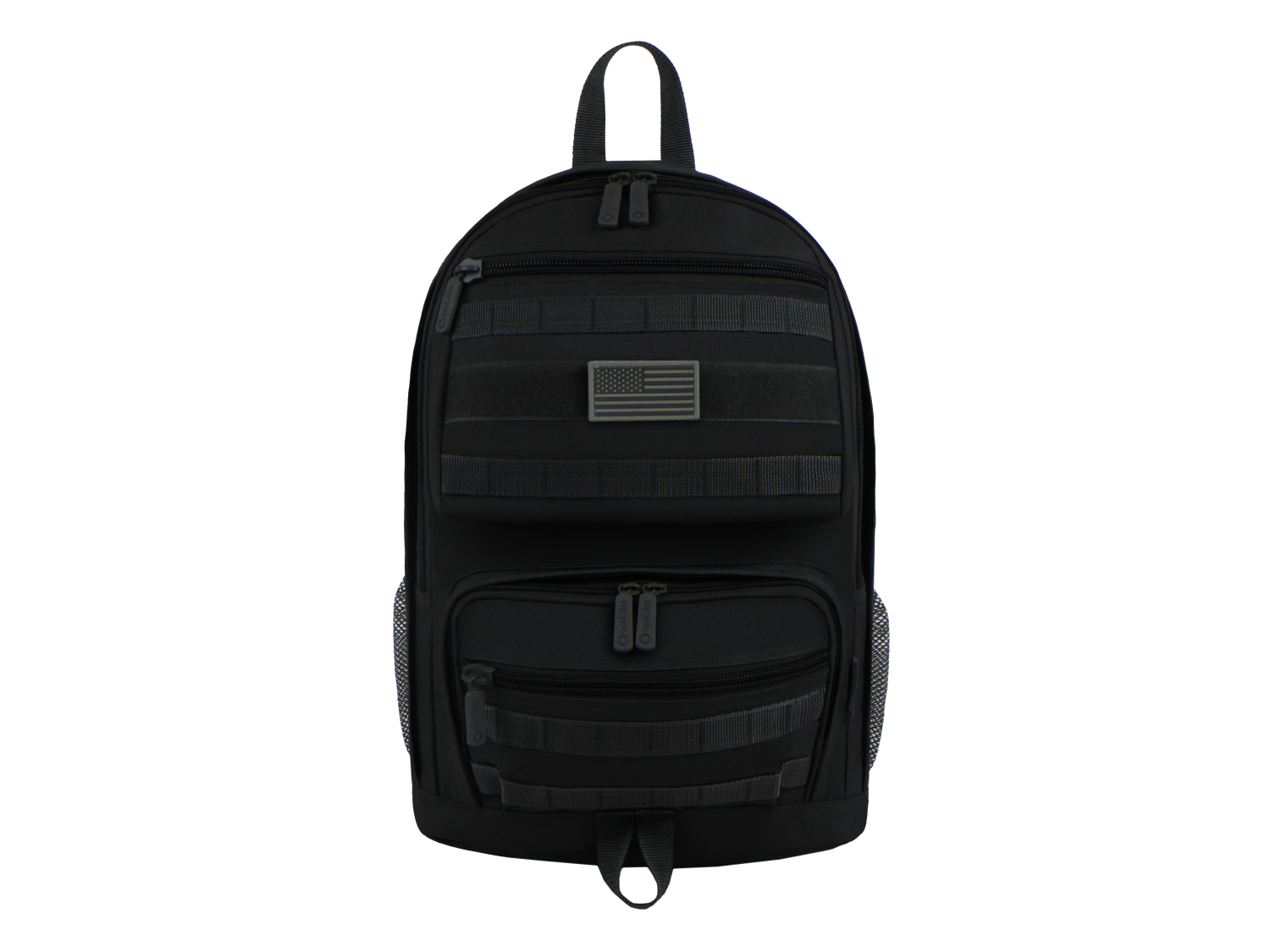 Black backpack with multiple pockets and a flag patch on a white background
