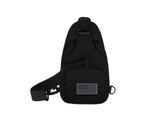 Black sling bag with an American flag patch on a white background