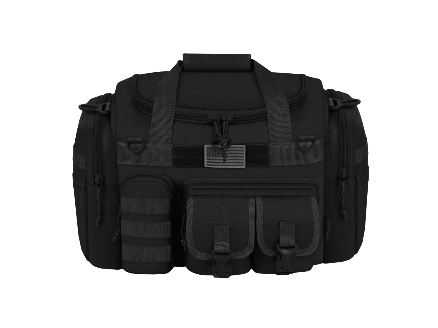 Black tactical bag with multiple compartments on a white background