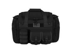 Black tactical bag with multiple compartments on a white background