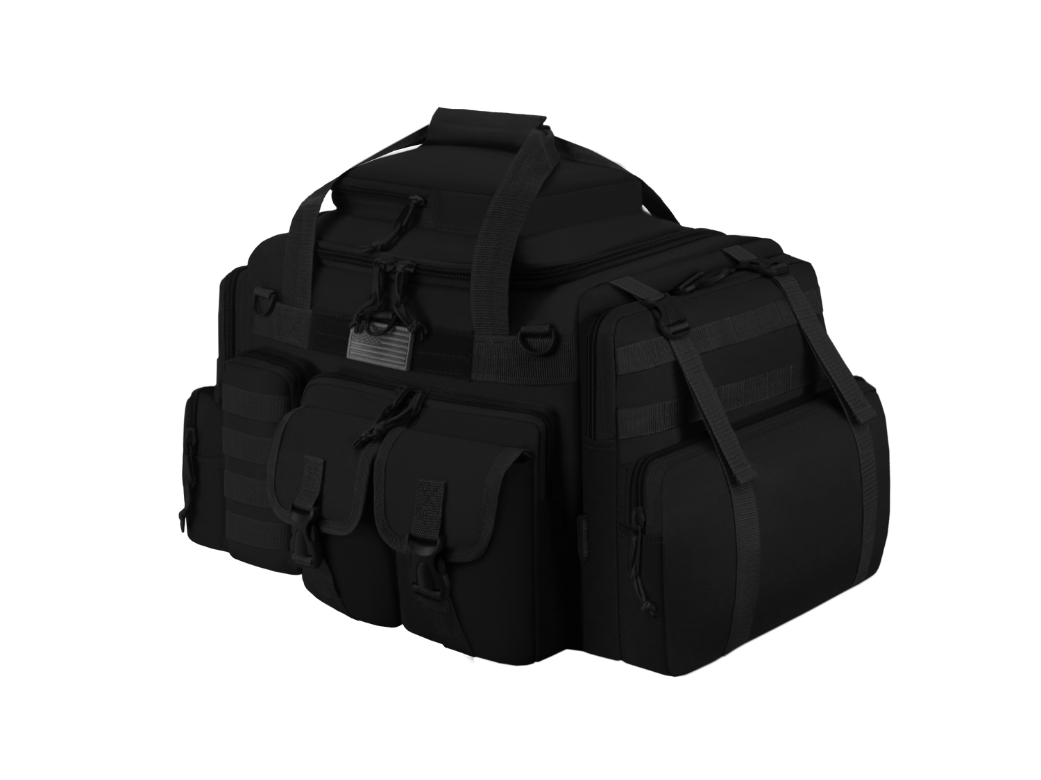 Black tactical bag with multiple compartments on a white background