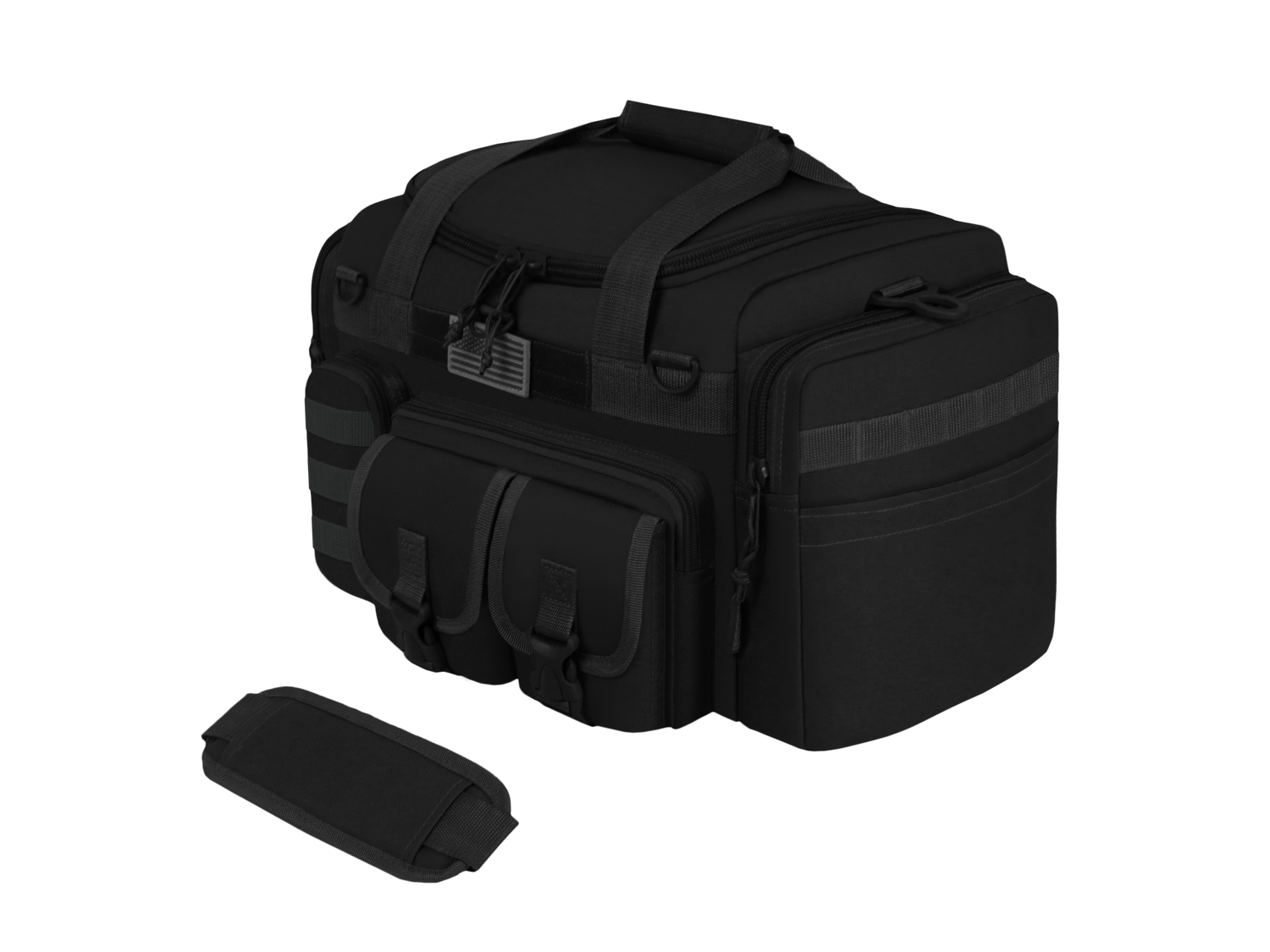 Black tactical bag with a smaller black pouch on a white background
