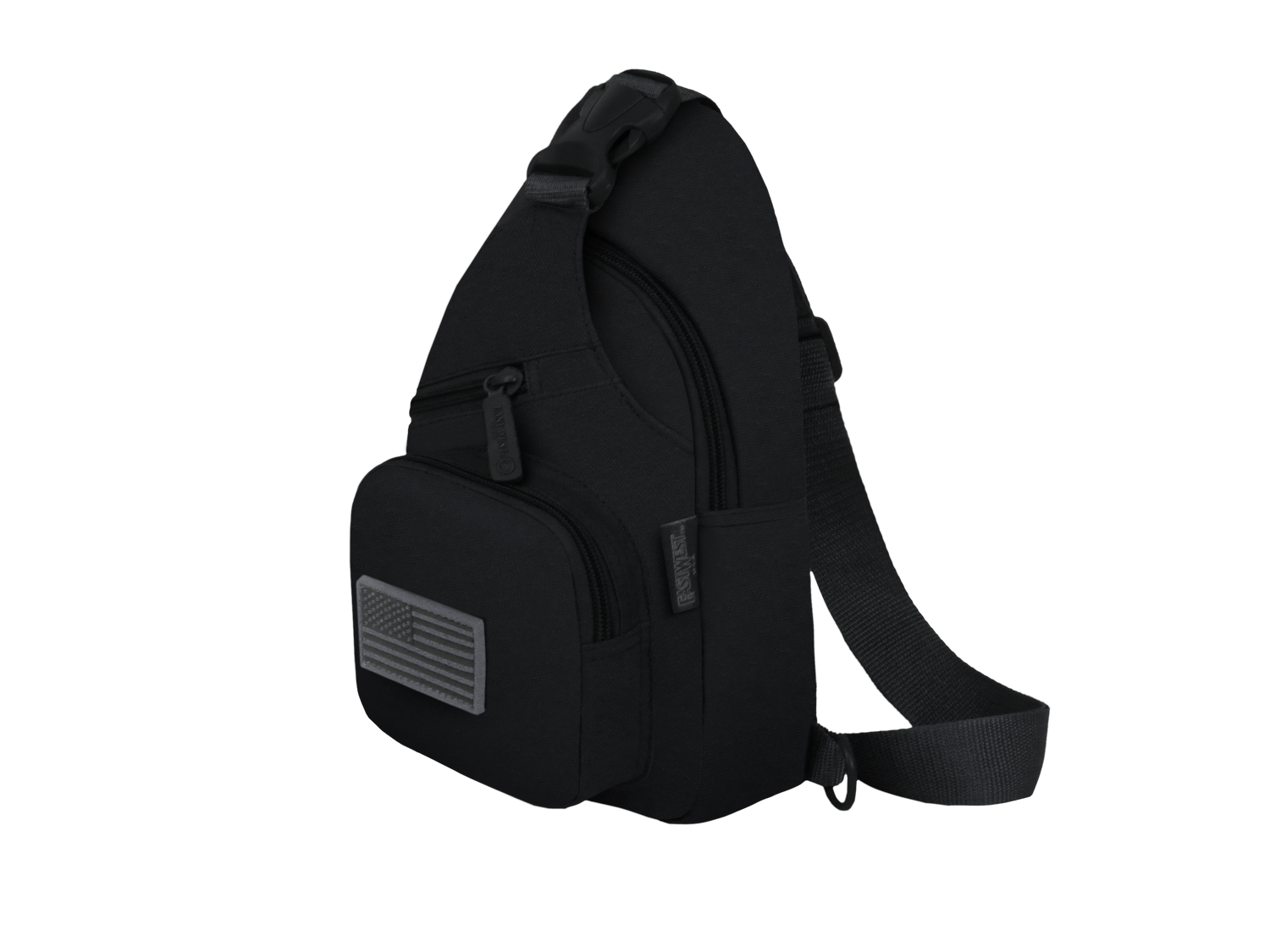 Black sling bag on a white background