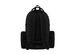 Black backpack shown from the back on a white background