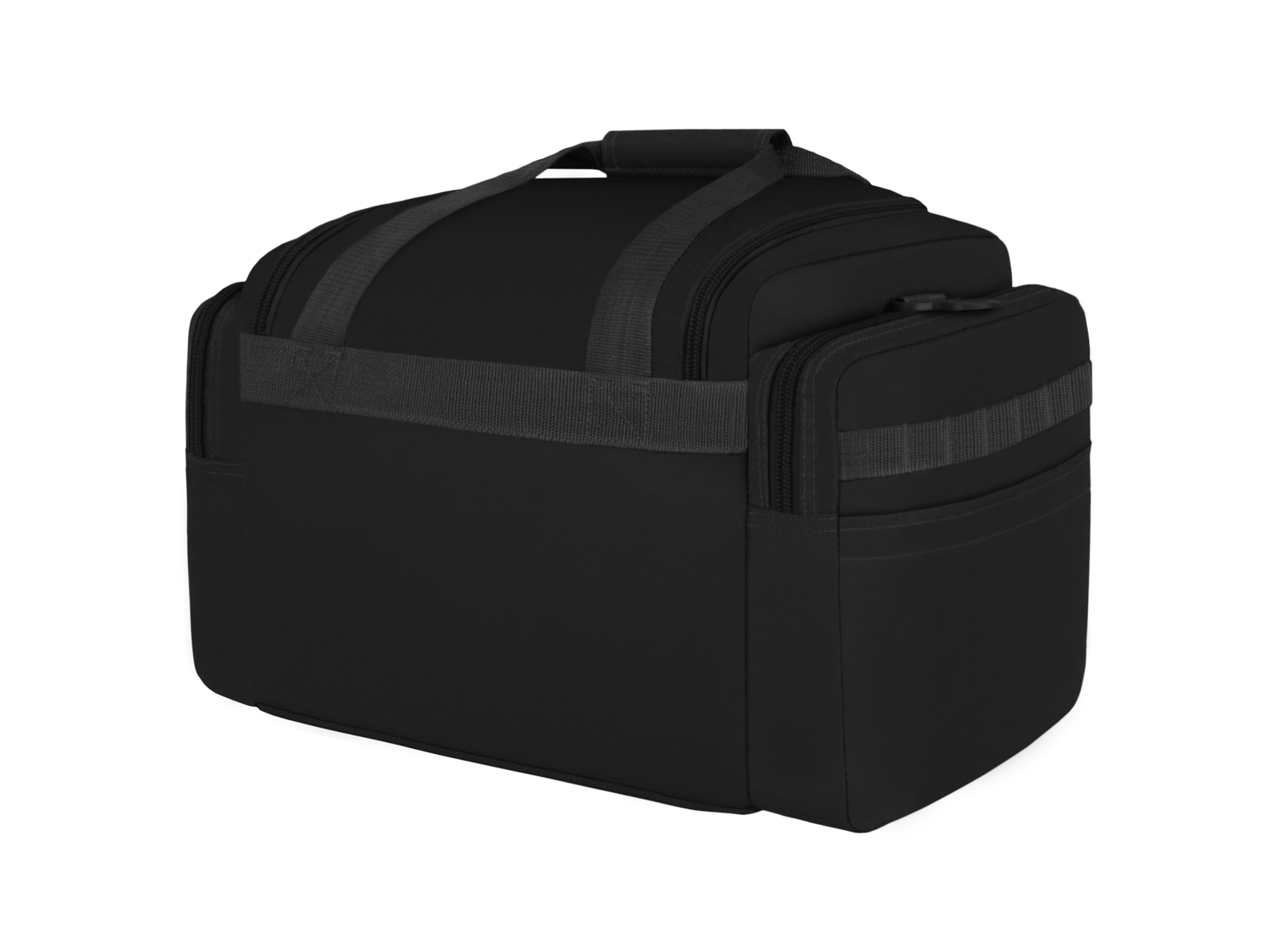 Black duffel bag with reflective strips on a white background