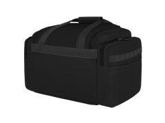 Black duffel bag with reflective strips on a white background