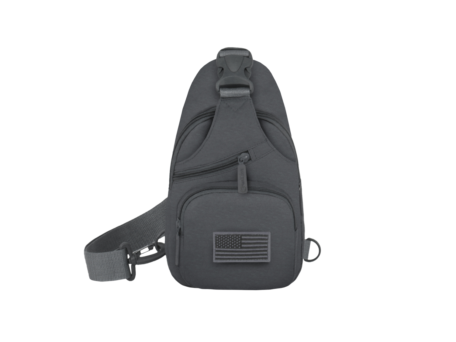 Gray sling bag with American flag patch on a white background