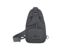 Gray sling bag with American flag patch on a white background