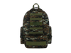 Camouflage backpack with green patches on a white background
