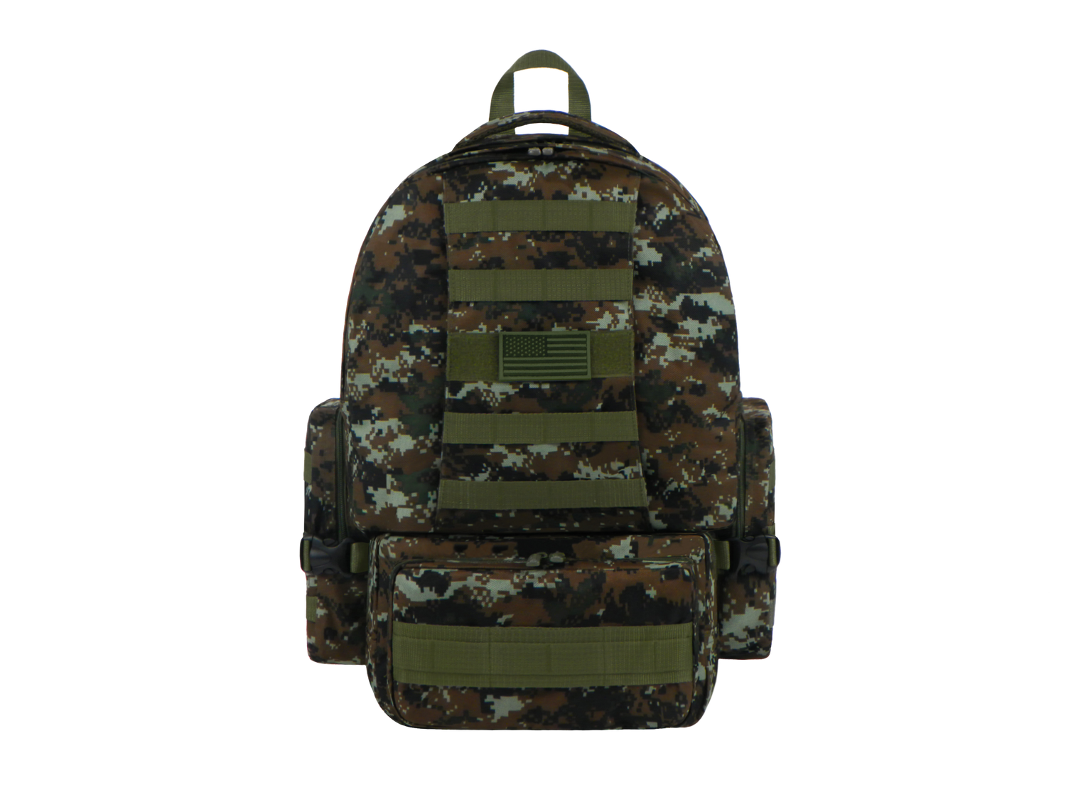 Camouflage backpack with green patches on a white background