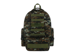 Camouflage backpack with green patches on a white background