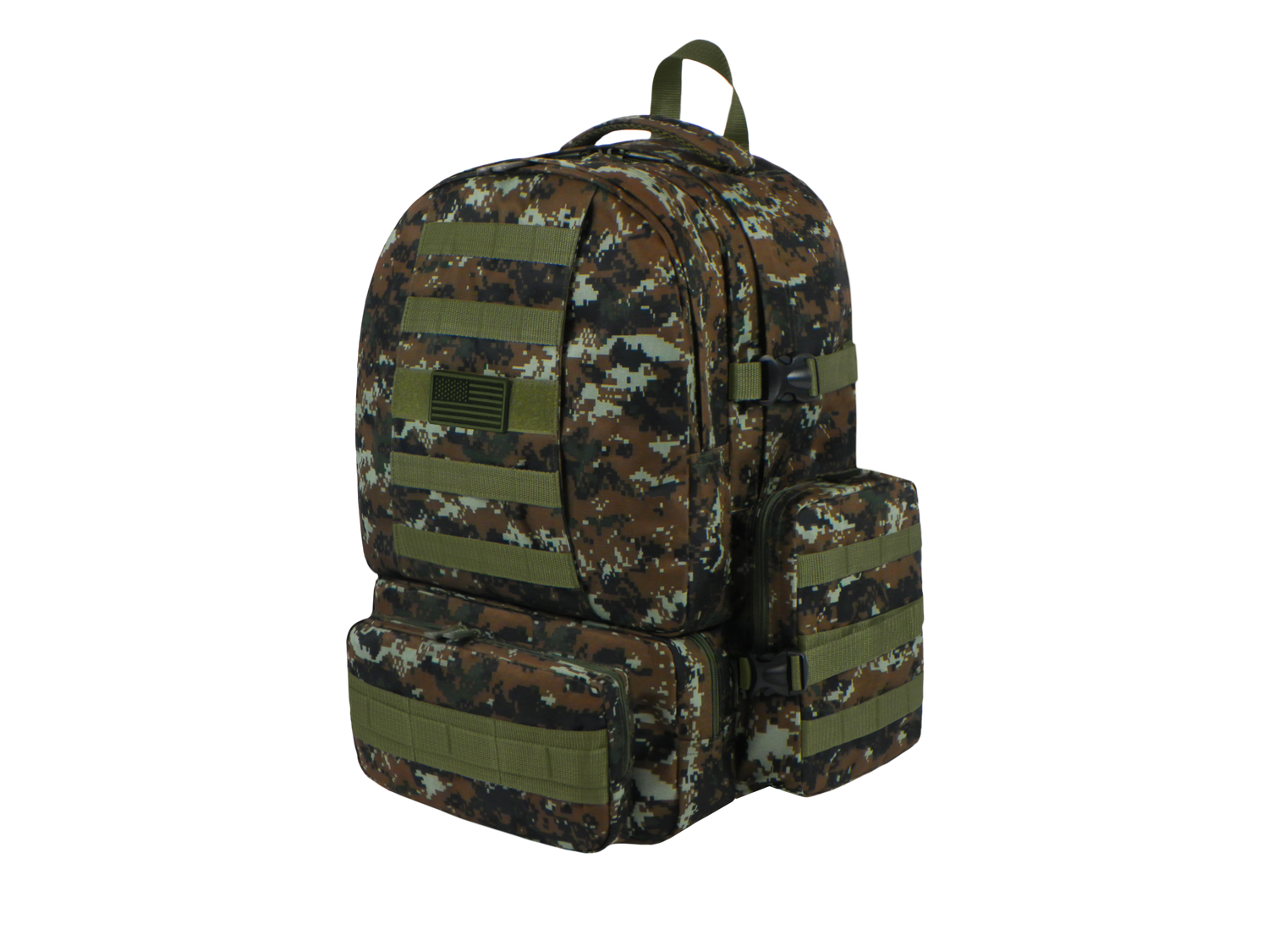 Camouflage backpack with multiple pockets and straps on a white background