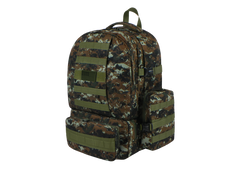 Camouflage backpack with multiple pockets and straps on a white background