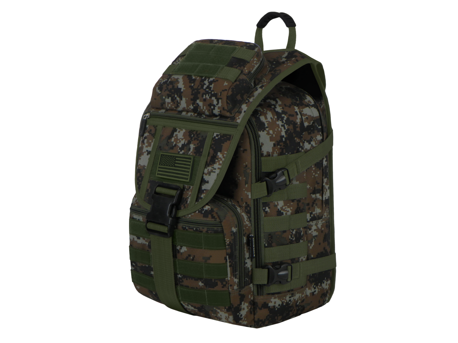 Camouflage backpack with tactical straps on a white background