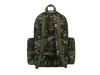 Camouflage backpack with green straps on a white background