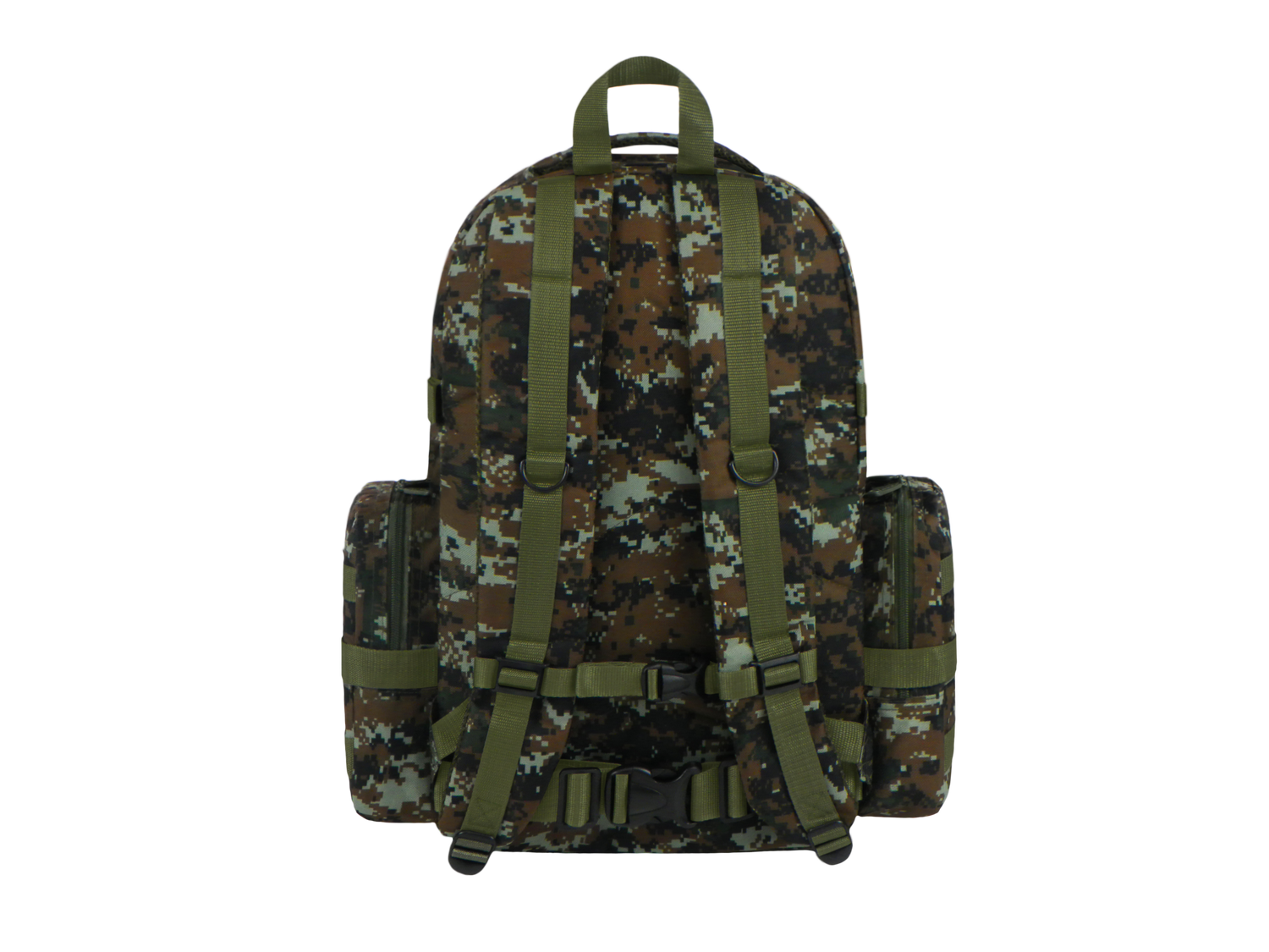 Camouflage backpack with green straps on a white background
