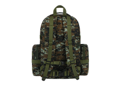 Camouflage backpack with green straps on a white background