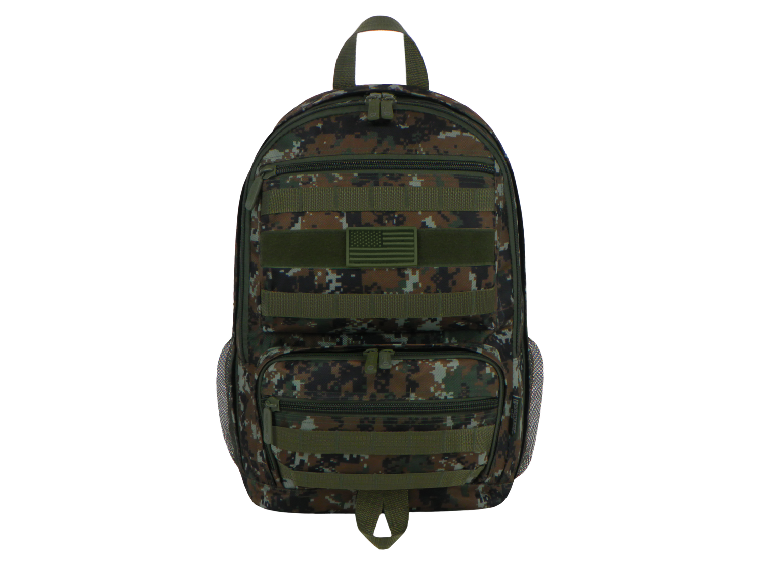 Camouflage backpack with multiple straps on a white background