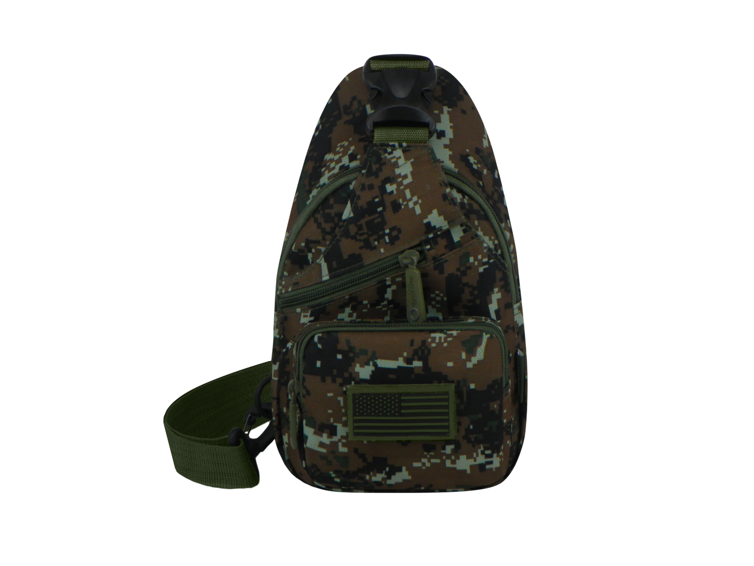 Camouflage sling bag with American flag design on a white background