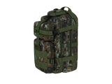 Camouflage backpack with multiple straps on a white background