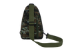 Camouflage sling bag with green strap on a white background