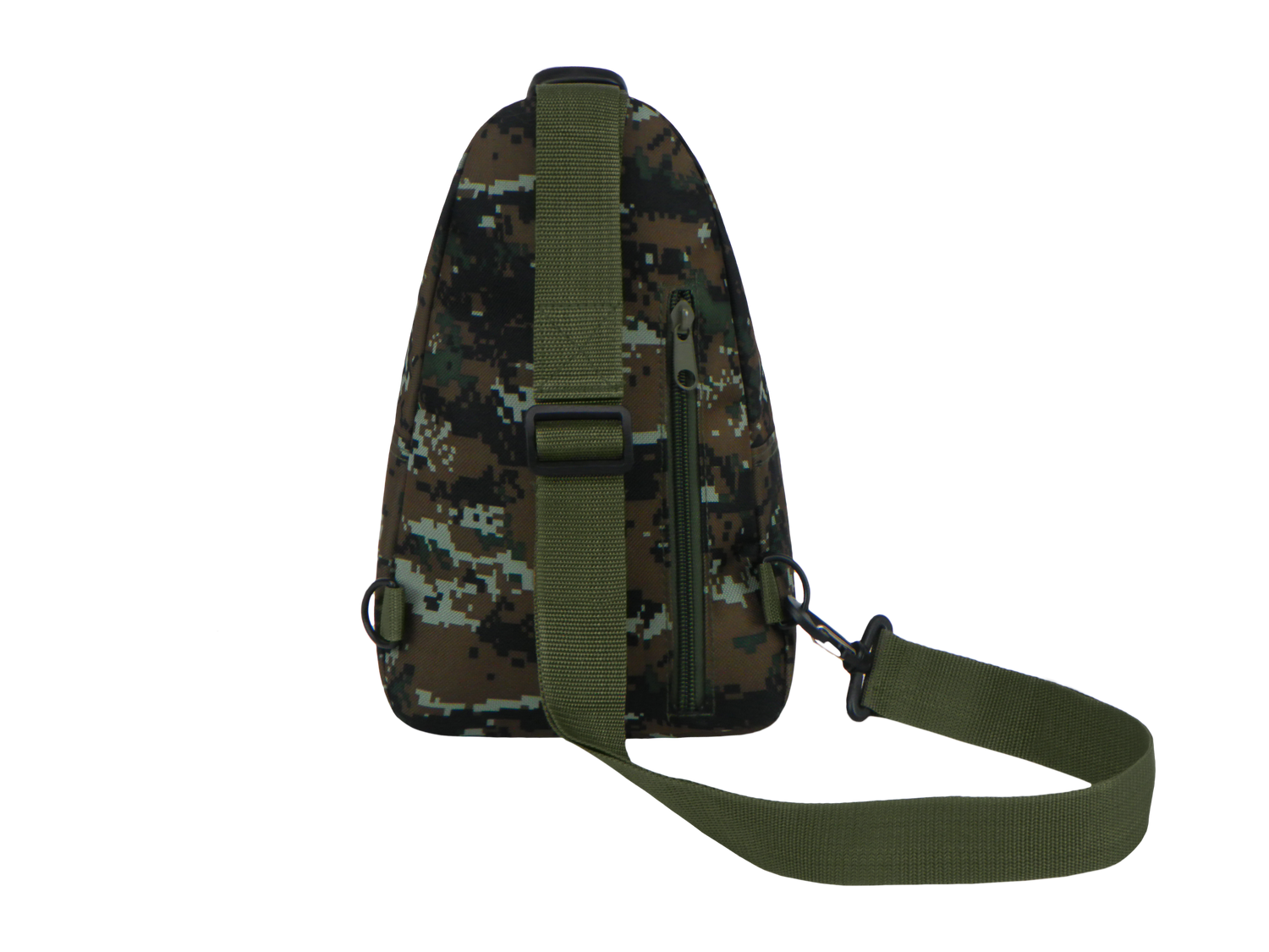 Camouflage sling bag with green strap on a white background