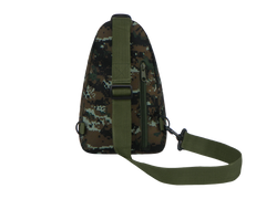 Camouflage sling bag with green strap on a white background