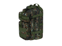 Camouflage backpack with multiple straps on a white background