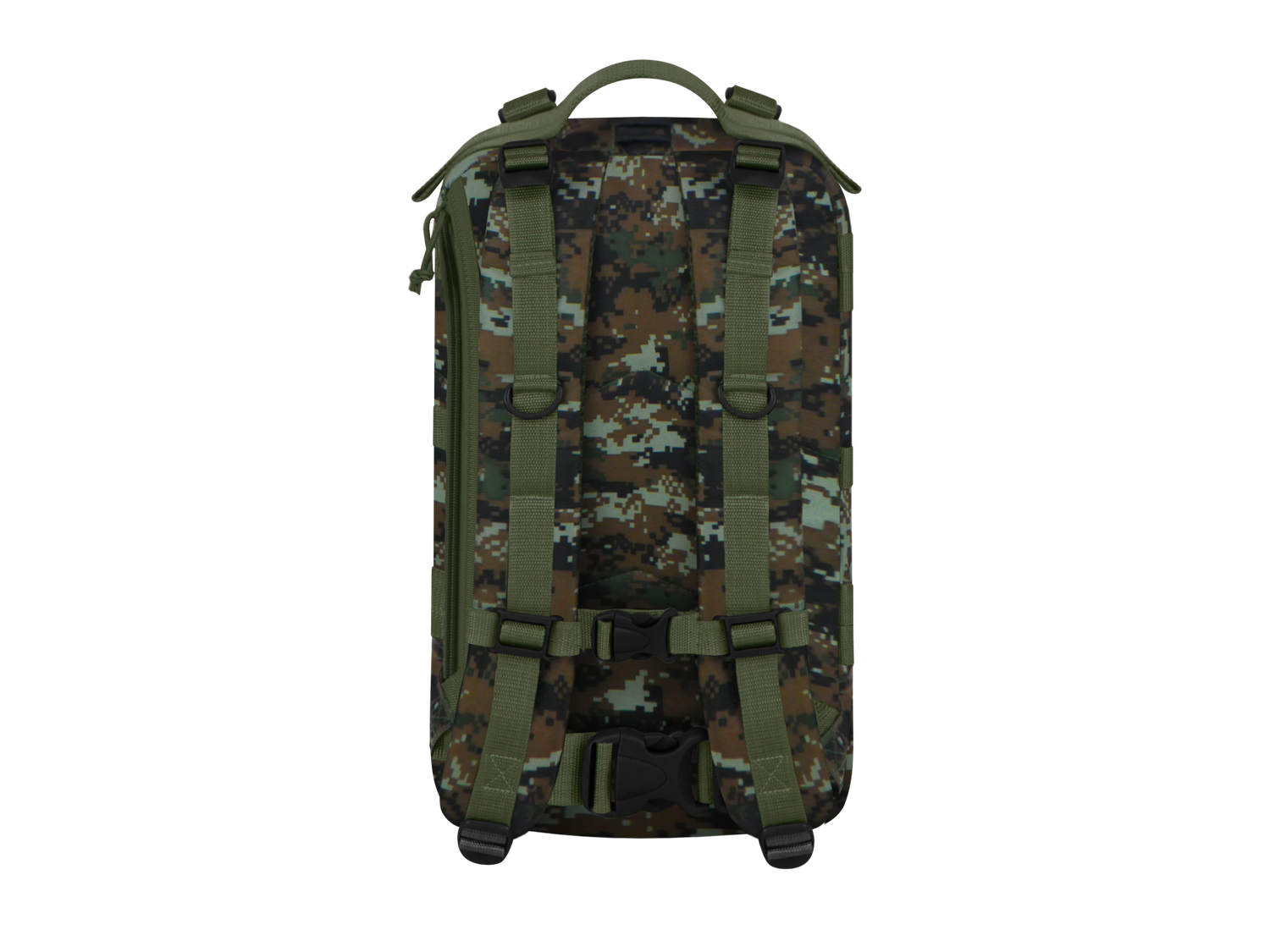 Camouflage backpack with green straps on a white background