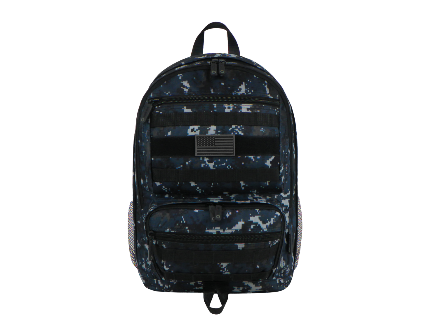 Black and gray camouflage backpack on a white background
