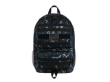 Black and gray camouflage backpack on a white background