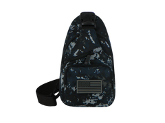Camouflage sling bag with American flag patch on a white background