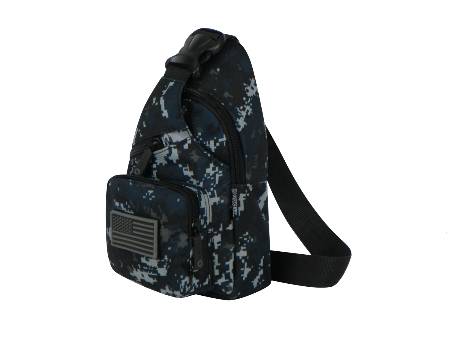 Camouflage sling bag with American flag patch on a white background