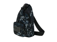 Camouflage sling bag with American flag patch on a white background