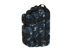 Tactical backpack with digital camouflage pattern on a white background