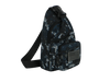 Camouflage sling bag with a black strap on a white background