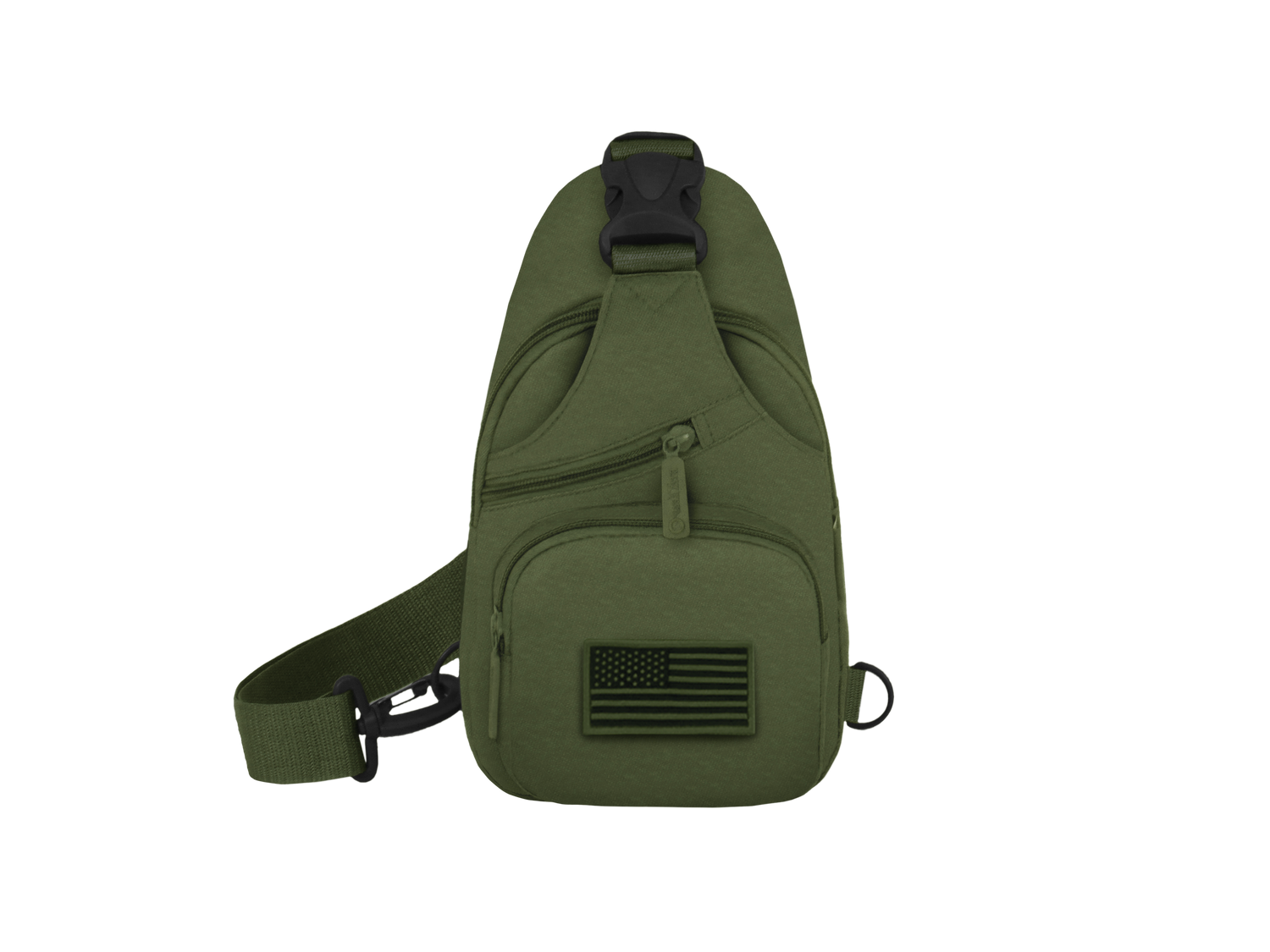 Green sling bag with American flag patch on a white background