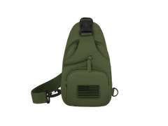 Green sling bag with American flag patch on a white background