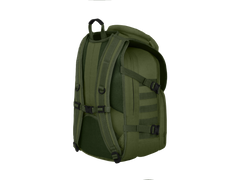 Green backpack with multiple straps on a white background