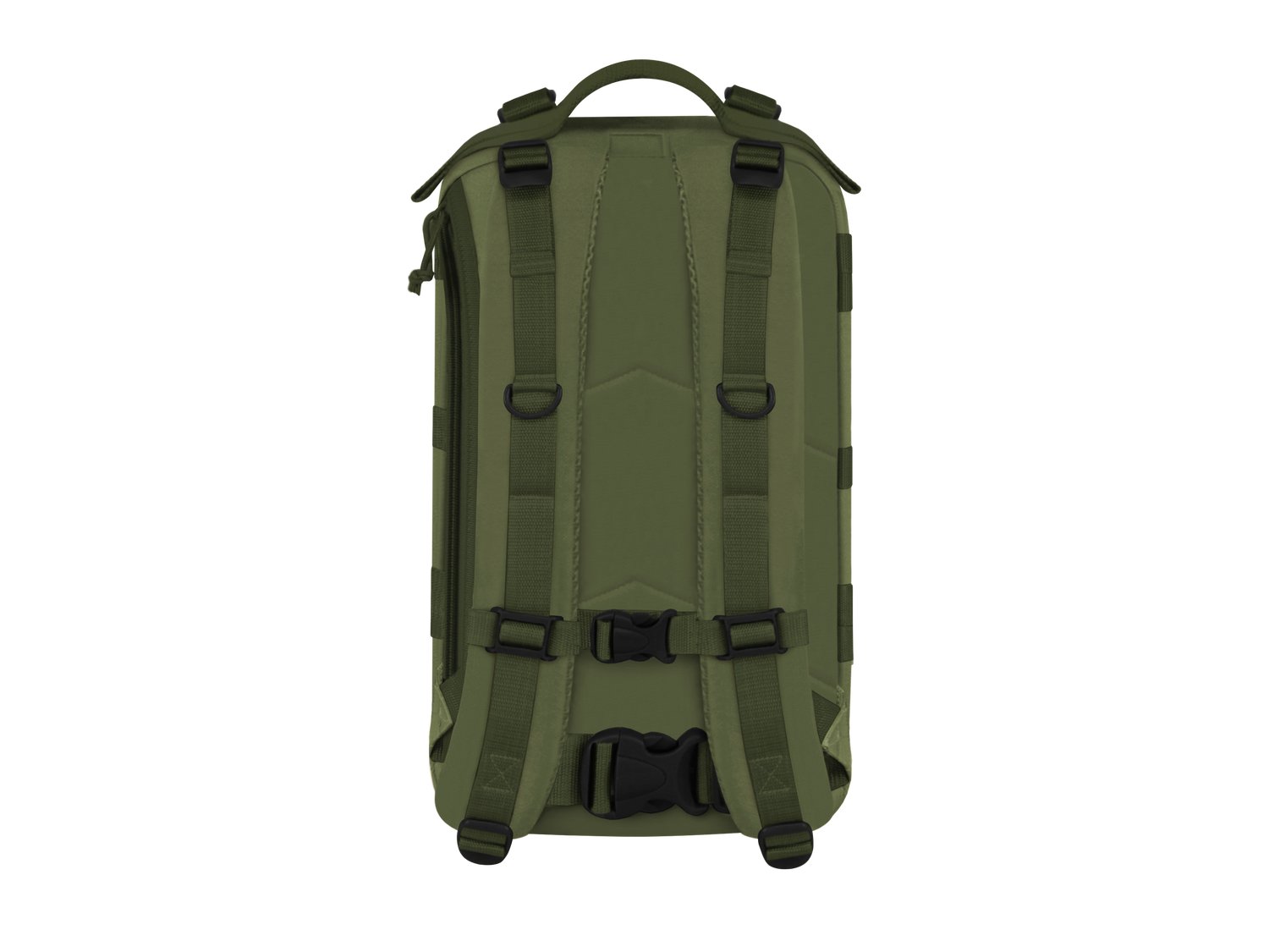 Green backpack with black straps on a white background
