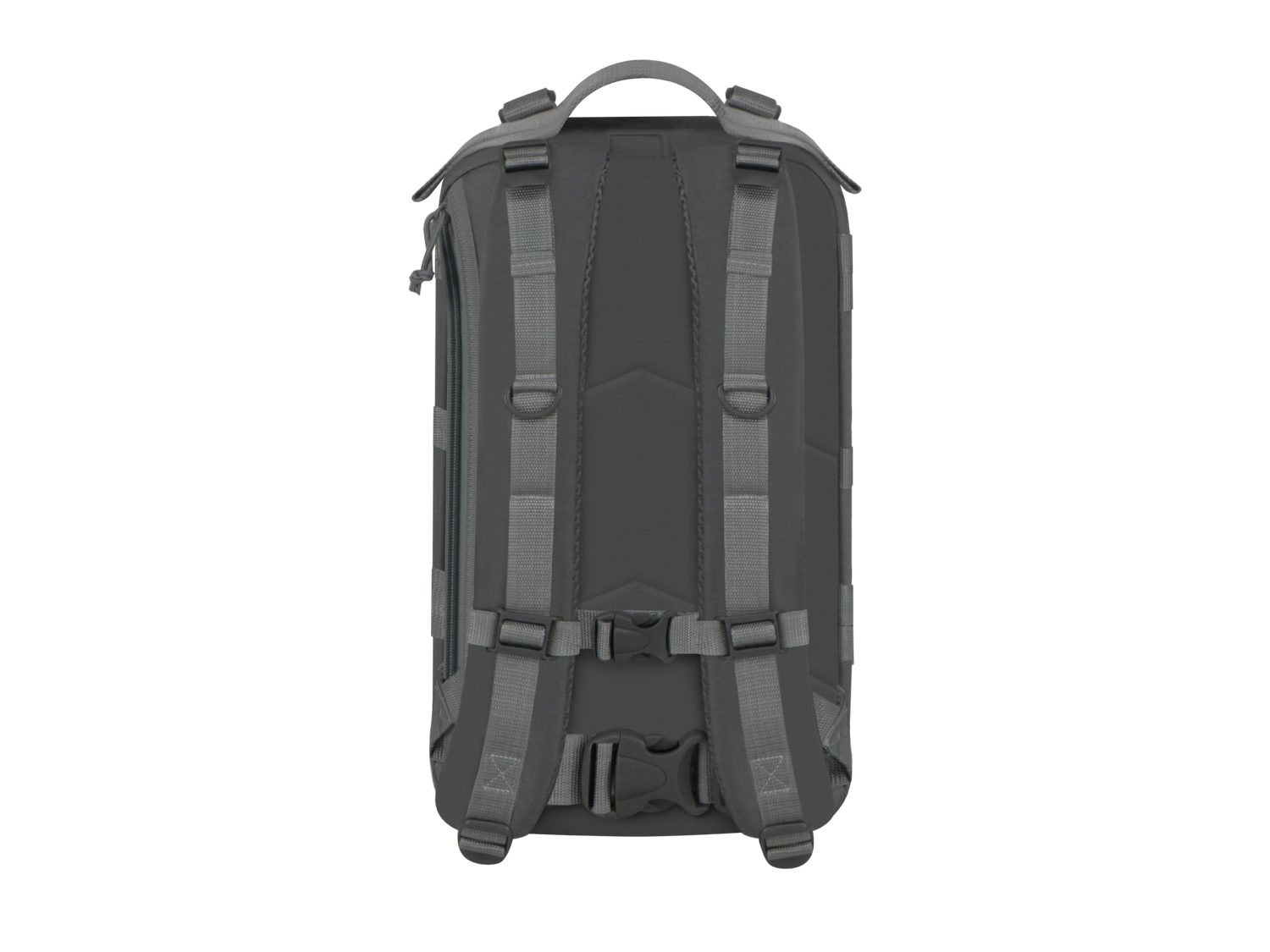 Black backpack with multiple straps on a white background