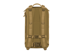 Tan backpack with multiple straps on a white background