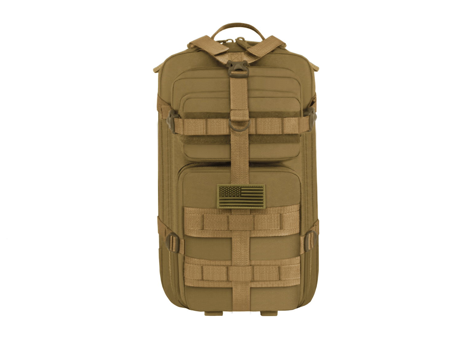 Tan tactical backpack on a white background