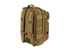 Tan backpack with multiple straps on a white background