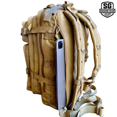 Rear zip pocket on the Shadow Gear Summit XL 52L rucksack holding a tablet